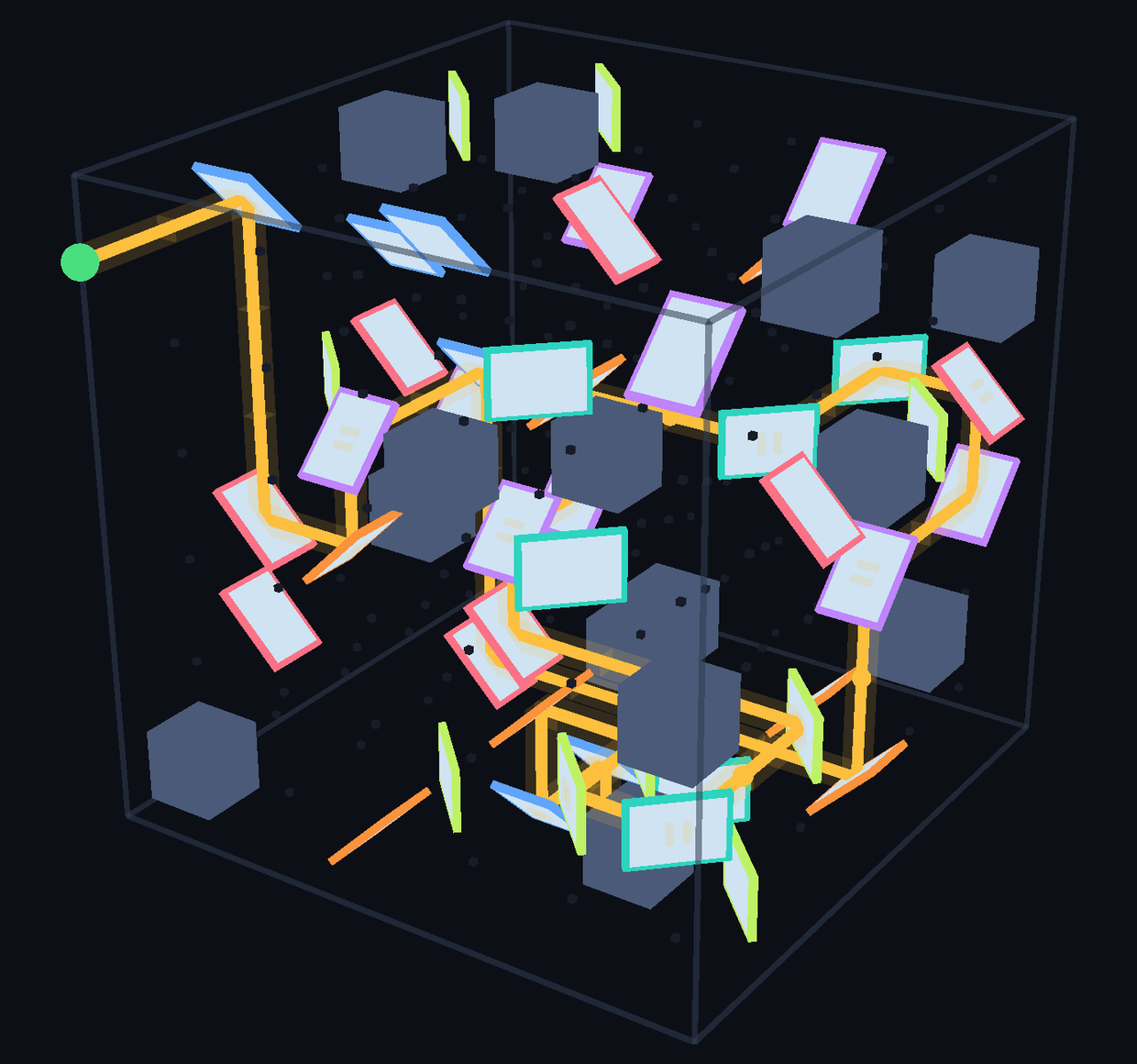 A solved Laser Maze puzzle: a beam threading between angled mirrors inside a cube, collecting the orbs on its way to the exit