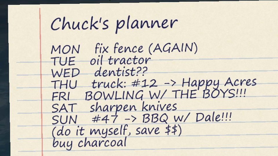 A page from Chuck's planner: Sunday, #47, BBQ with Dale