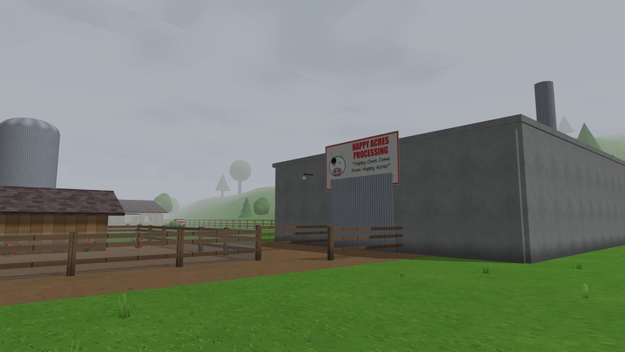 The Happy Acres processing plant under a grey sky